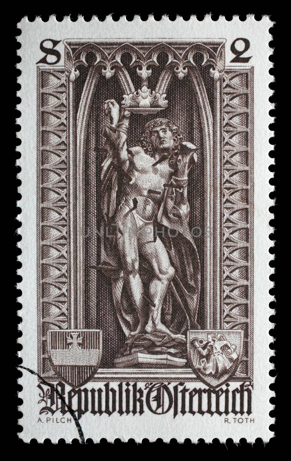 Stamp printed in the Austrian, is dedicated to 500th anniversary of Diocese of Vienna, depicts the statue of St. Sebastian in St. Stephen's Cathedral, Vienna, circa 1969