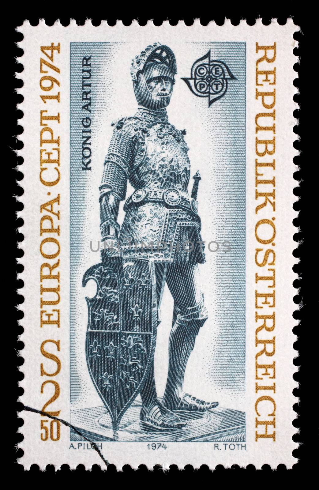 Stamp printed in Austria, shows a bronze figure of "King Arthur of England" by Albrecht Durer and Peter Vischer, Hofkirche, Innsbruck, circa 1974