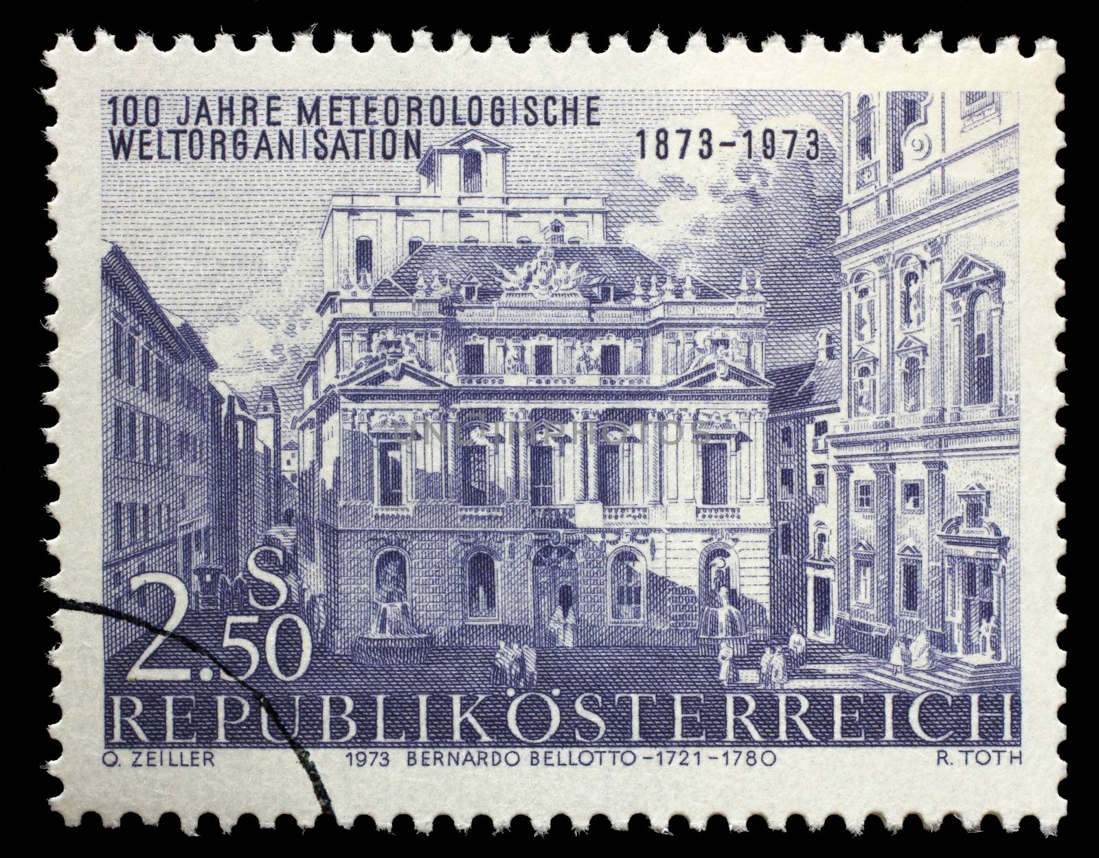 Stamp printed in the Austria shows Academy of Science, by Canaletto, Vienna, Centenary of International Meteorological Cooperation, circa 1973