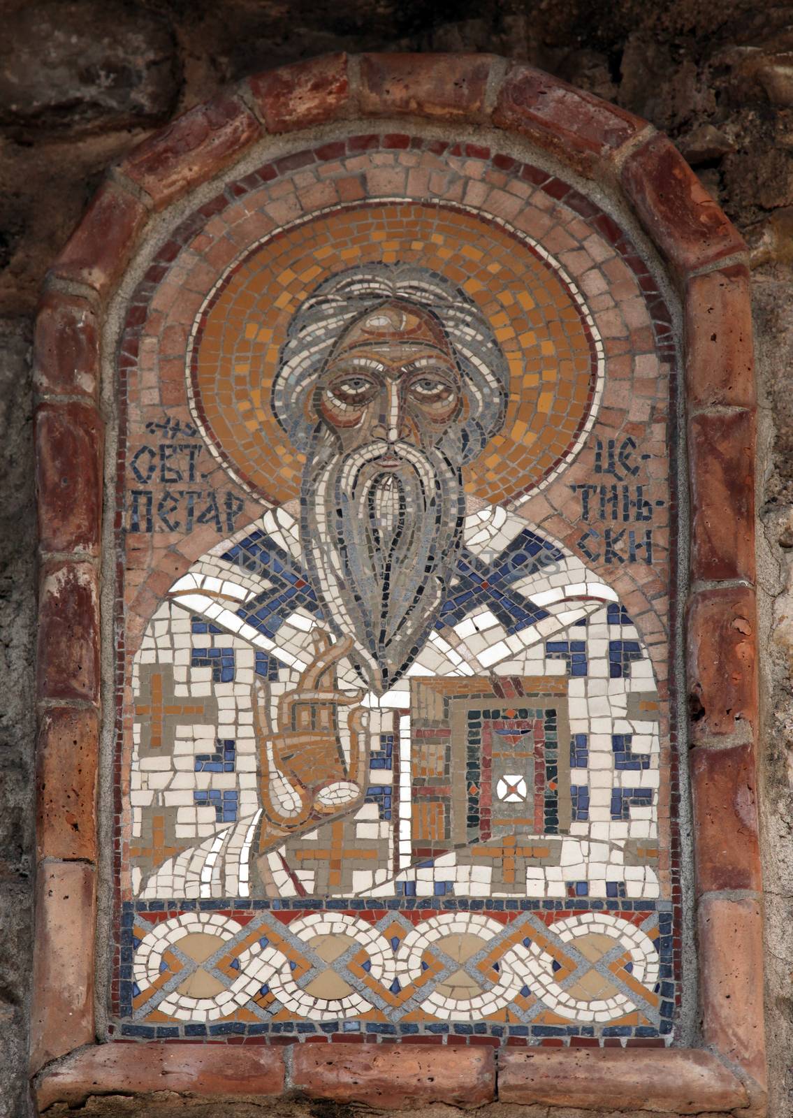 Icon-Mosaic, St. Peter of Cetinje, on the wall in Budva, Montenegro