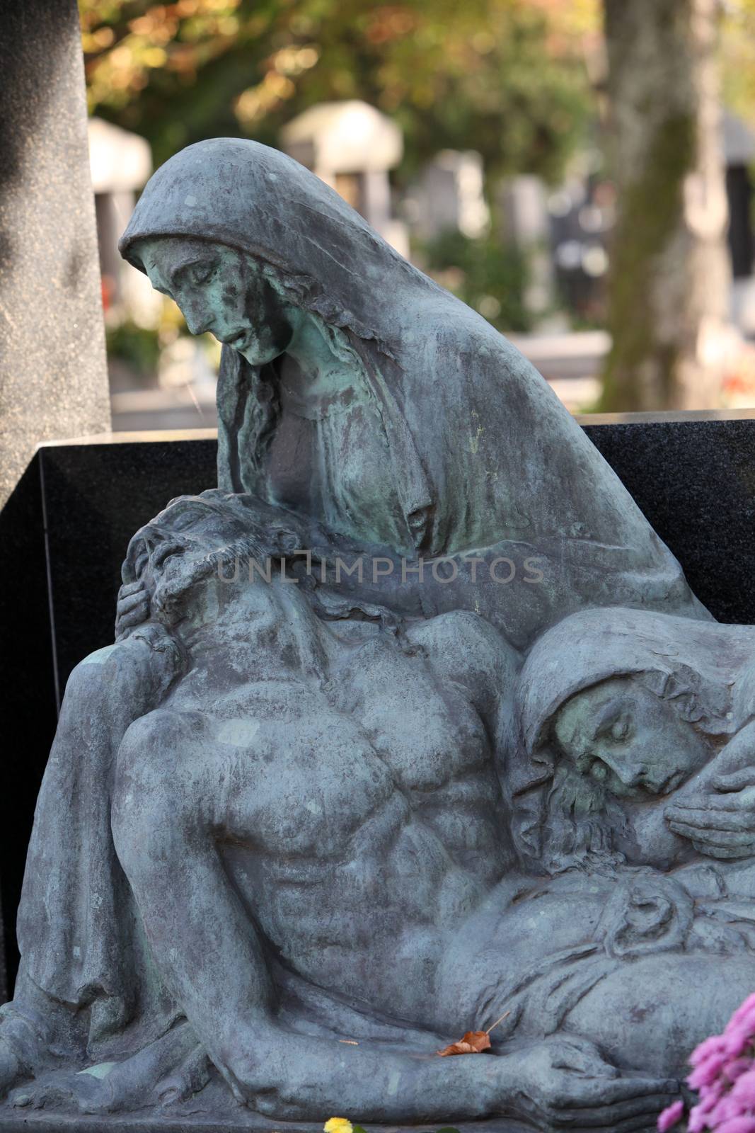 Pieta, detail of a mourning sculpture on a Mirogoj cemetery, Zagreb, Croatia in Zagreb, Croatia