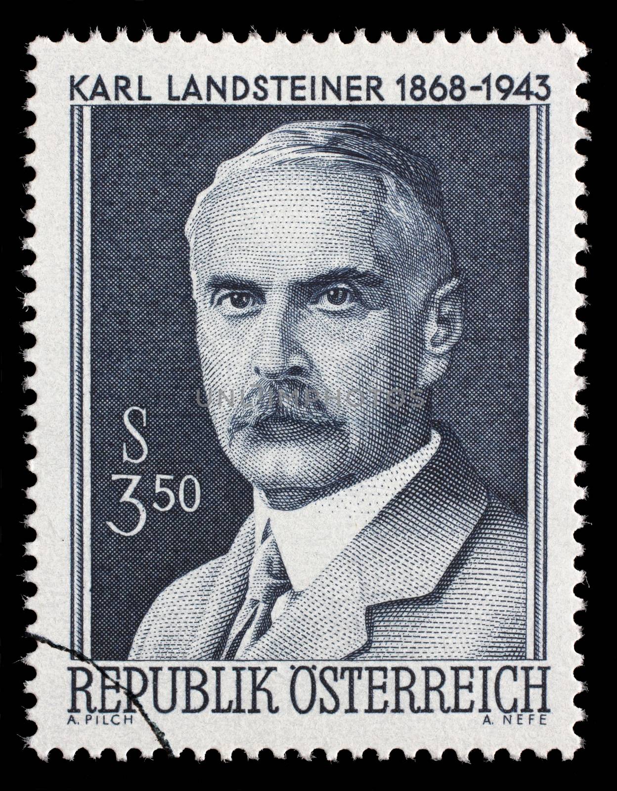 Stamp printed in Austria showing Karl Landsteiner by atlas