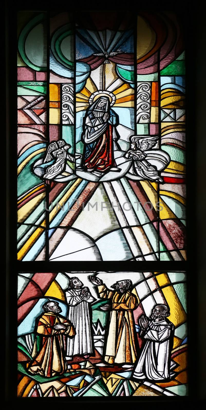 Assumption of the Virgin Mary, stained glass window in Parish church of the St. George in Durmanec, Zagorje region, Croatia