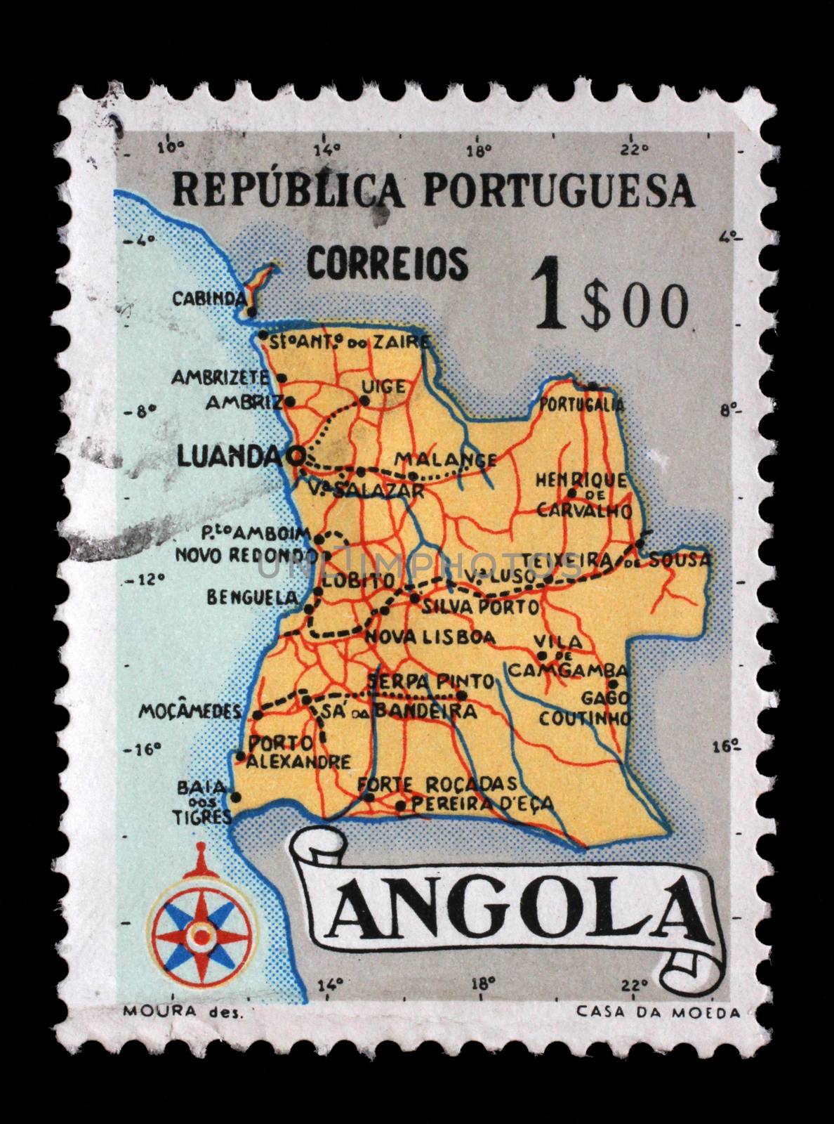 Stamp printed in Angola shows a map of Angola by atlas