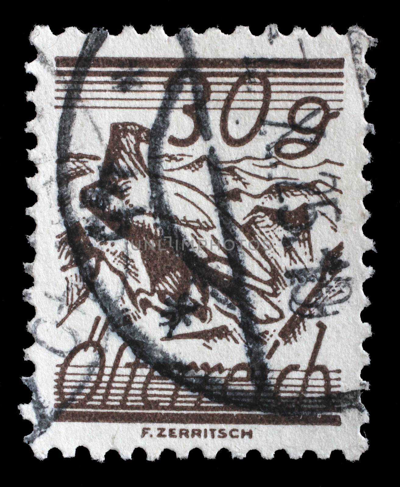 Stamp printed by Austria, shows White Shouldered Eagle by atlas