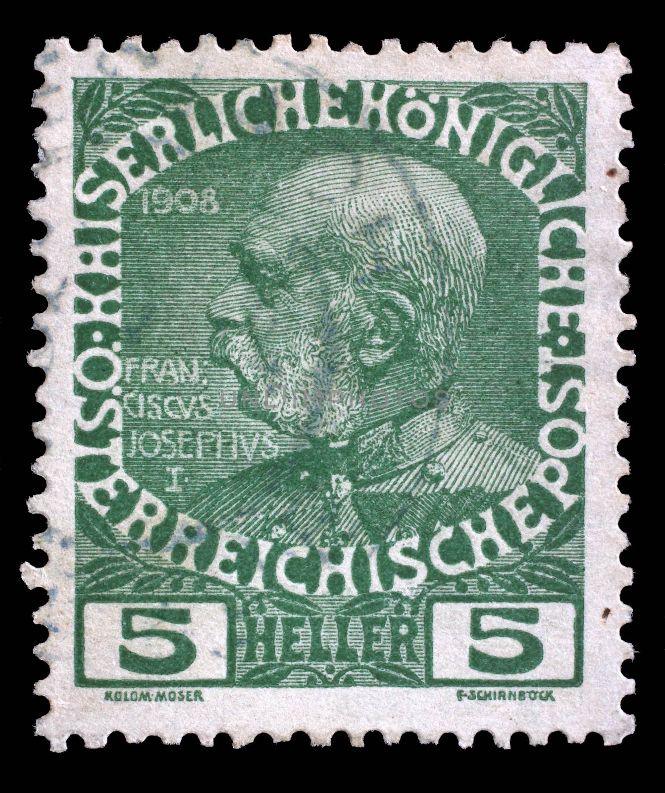 Stamp printed by Austria, shows Franz Josef, circa 1908