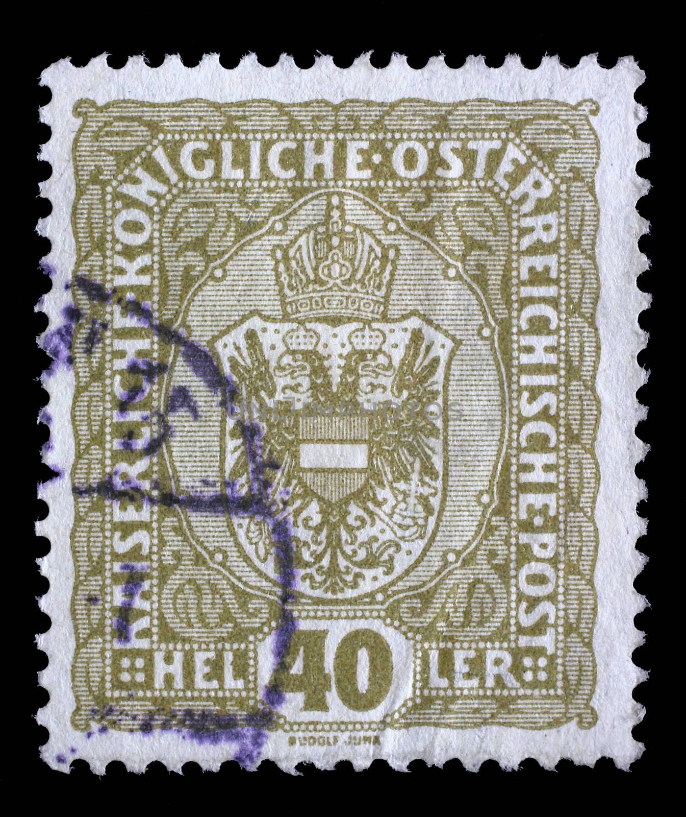 Stamp printed by Austria, shows crown and eagle by atlas