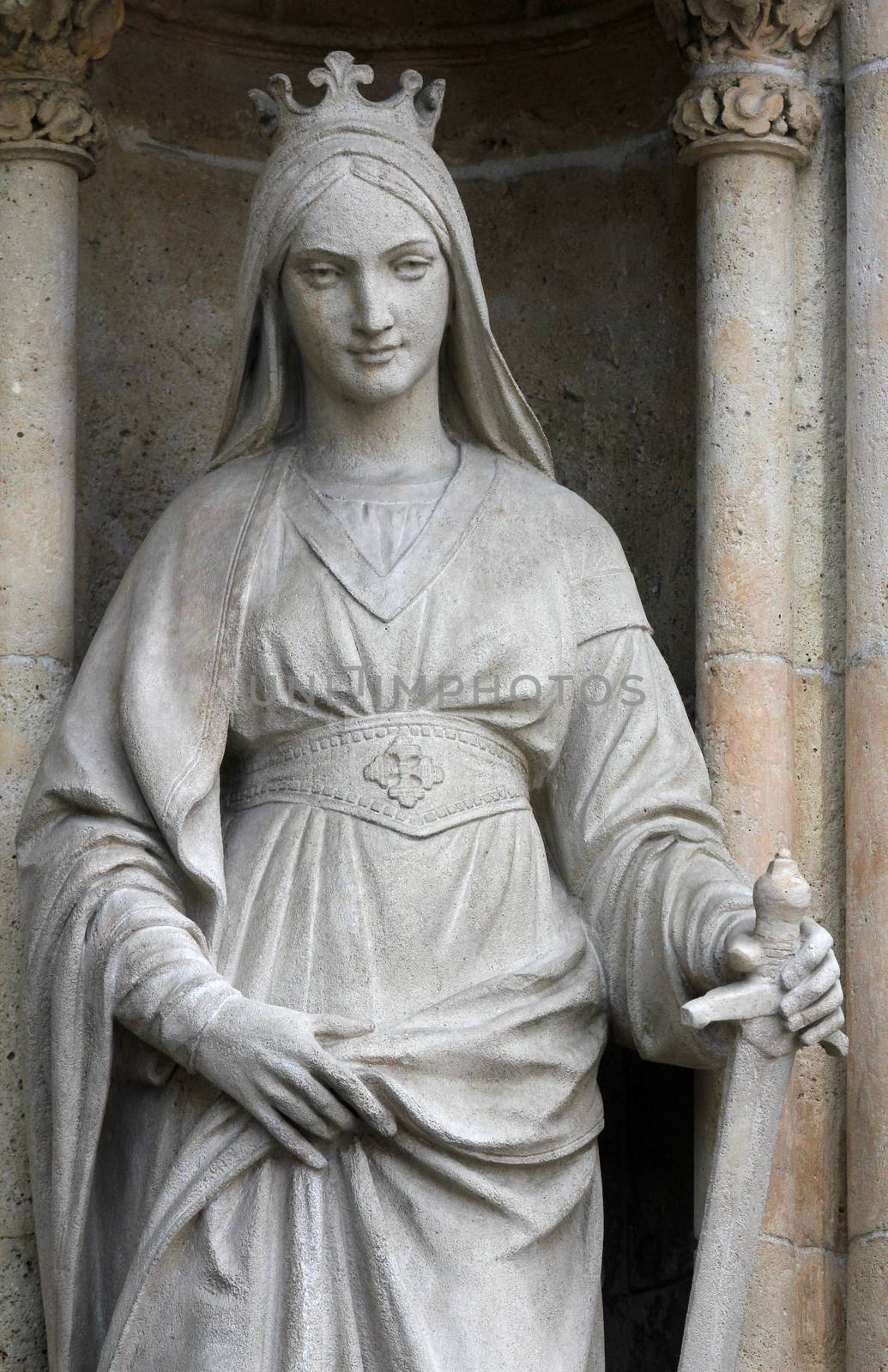 Statue of Saint Catherine on the portal of the cathedral dedicated to the Assumption of Mary in Zagreb
