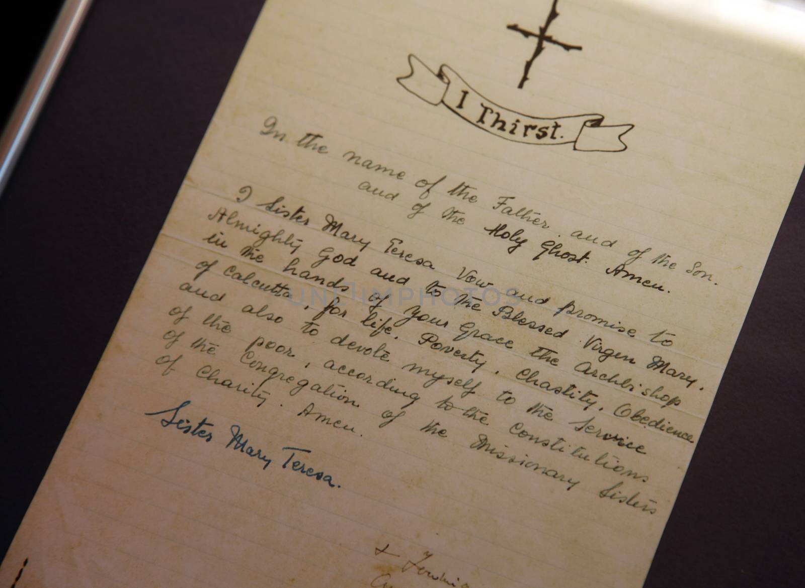 Vows of Mother Teresa written in her hand exposed in Memorial House in Skopje, Macedonia