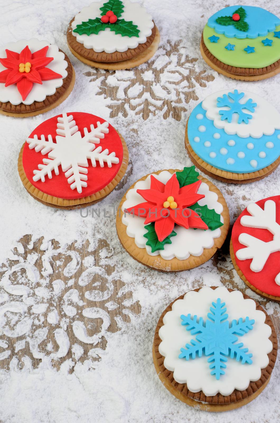 cookies decorated with marzipan on the Christmas theme