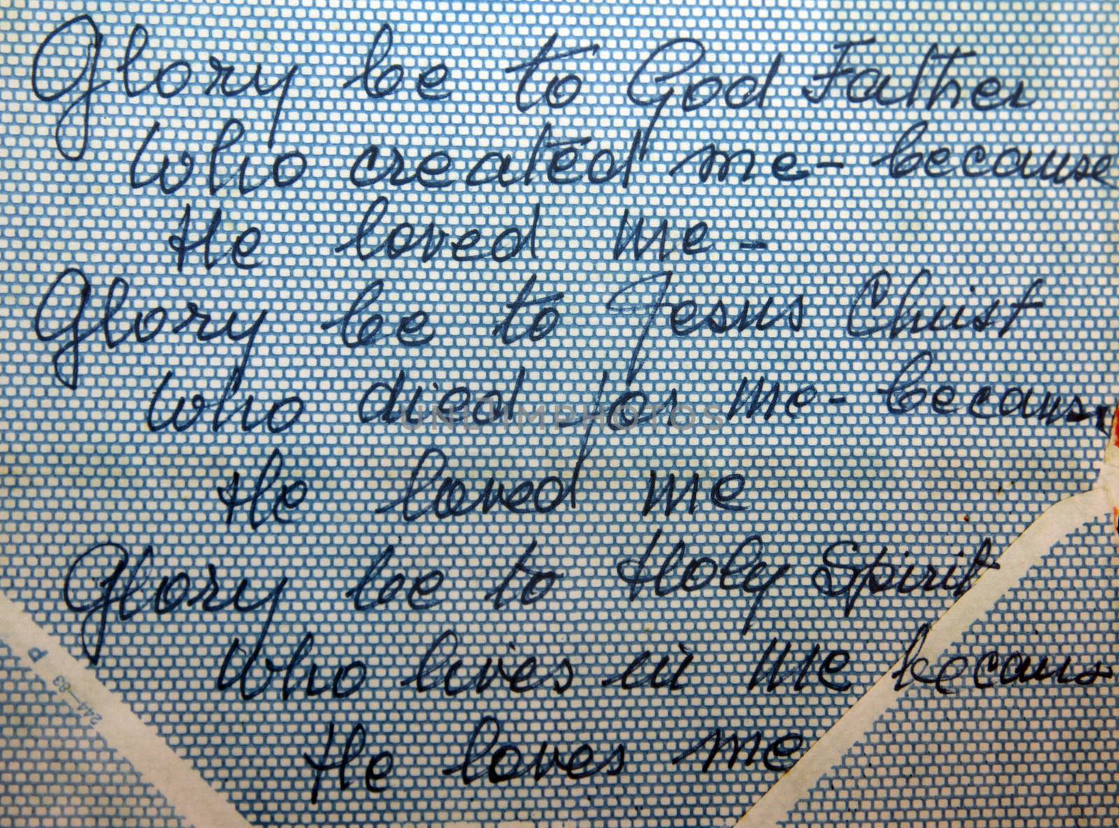 Prayer of the Holy Trinity written by Mother Teresa on an old envelope, dated mid '80s, Memorial House in Skopje, Macedonia