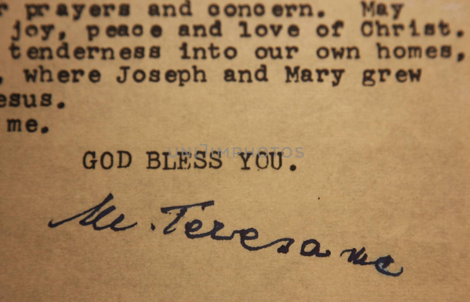 The letter signed by Mother Teresa which is exposed in Mother Teresa Memorial House in Skopje, Macedonia