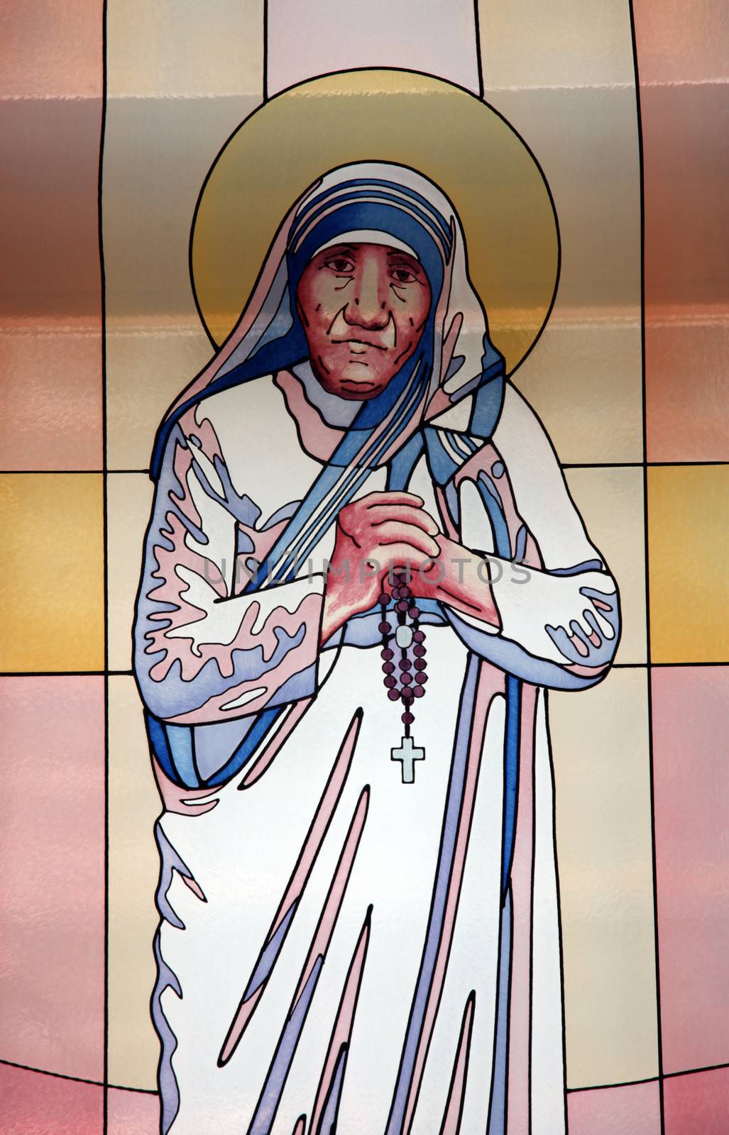 Stained glass window with the image of Mother Teresa in the Memorial House in Skopje, Macedonia