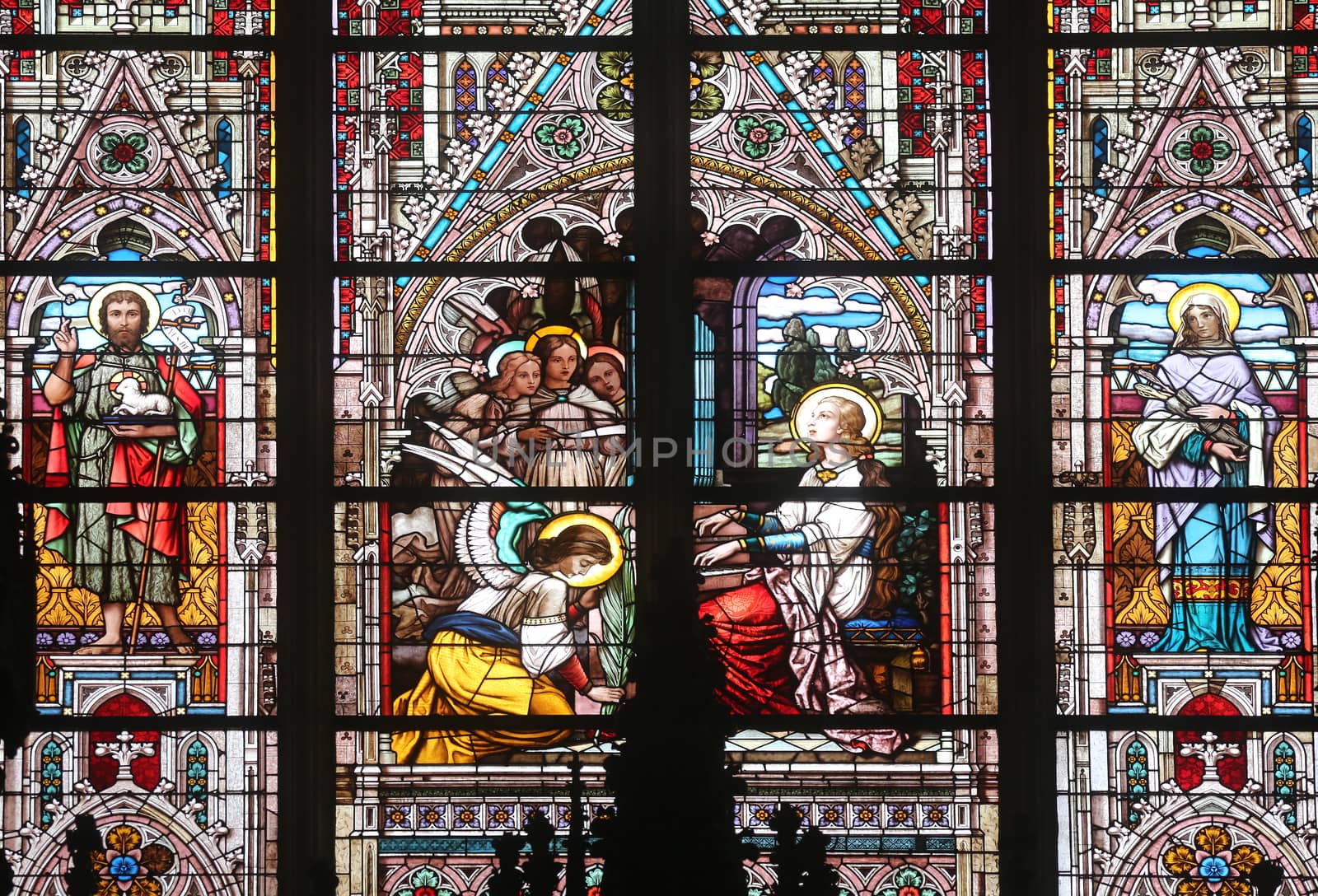 Saint Cecilia, stained glass in Minoriten kirche in Vienna, Austria
