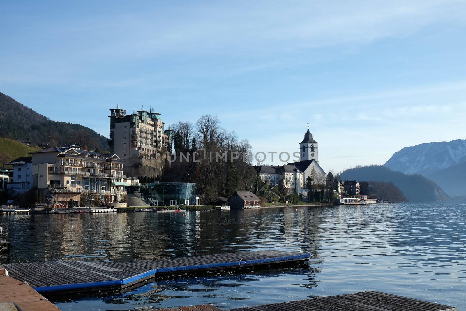 St. Wolfgang village waterfront at Wolfgangsee lake in Austria by atlas