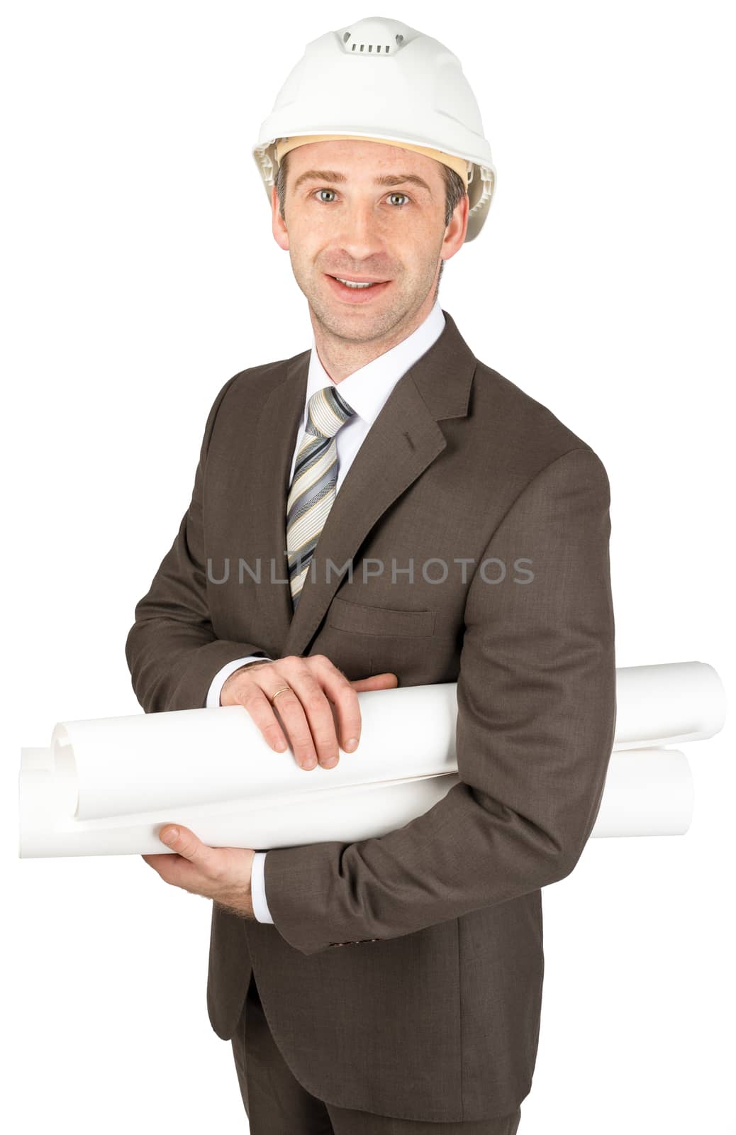 Smiling businessman in helmet holding blueprints isolated on white background