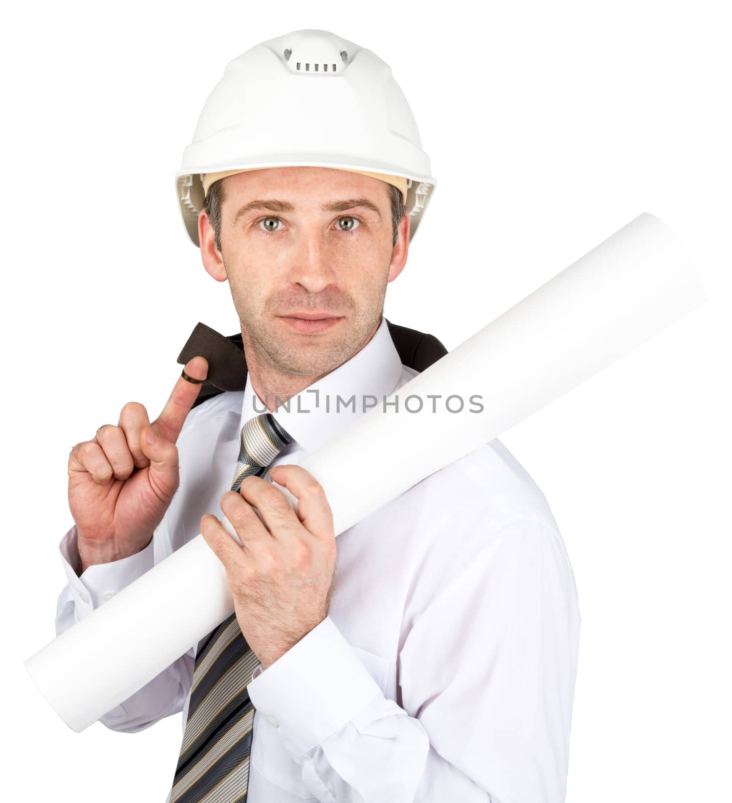 Businessman in helmet holding blueprints and jacket isolated on white background