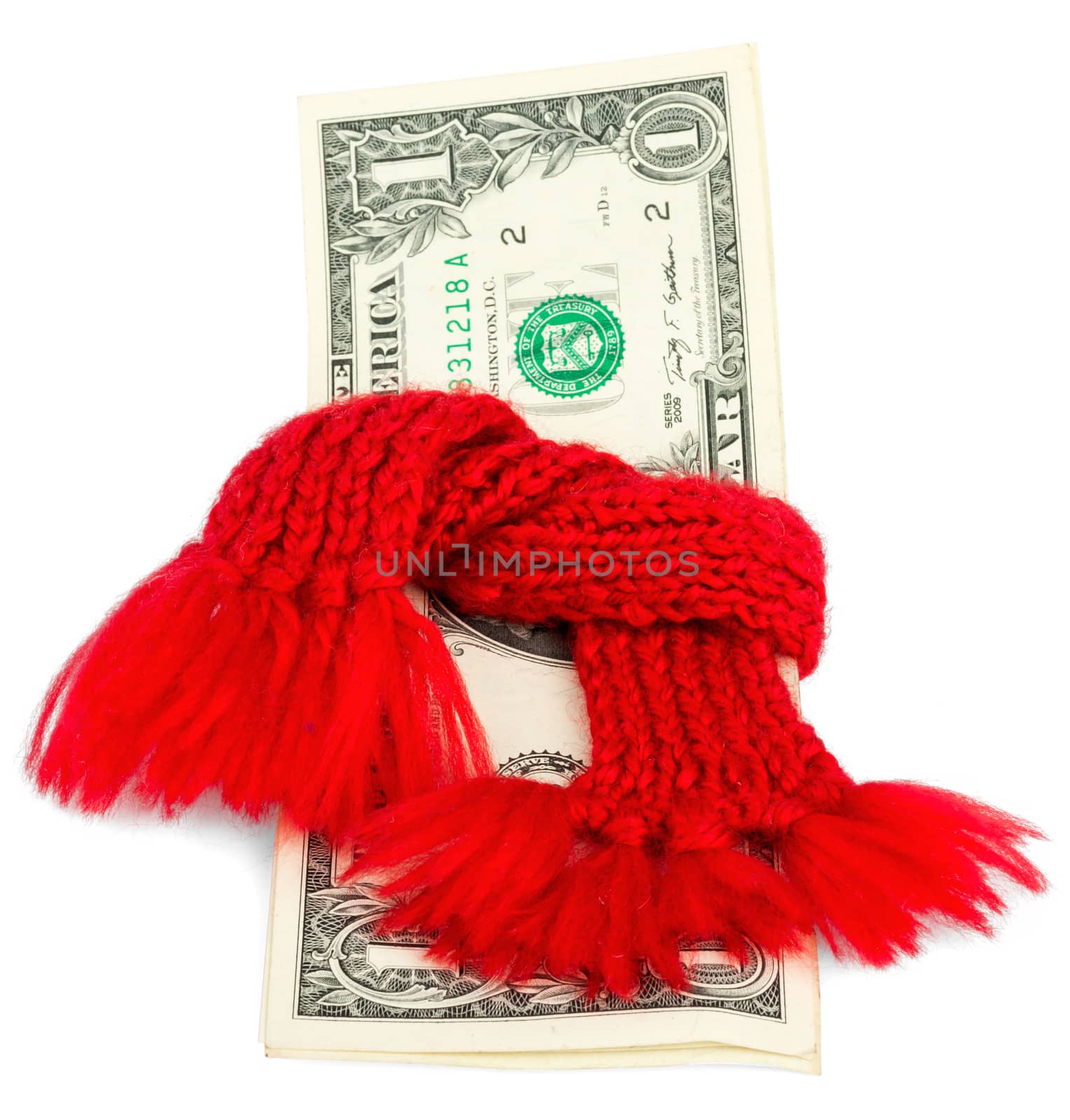 Recovering finances, One dollar banknote with red scarf isolated on white