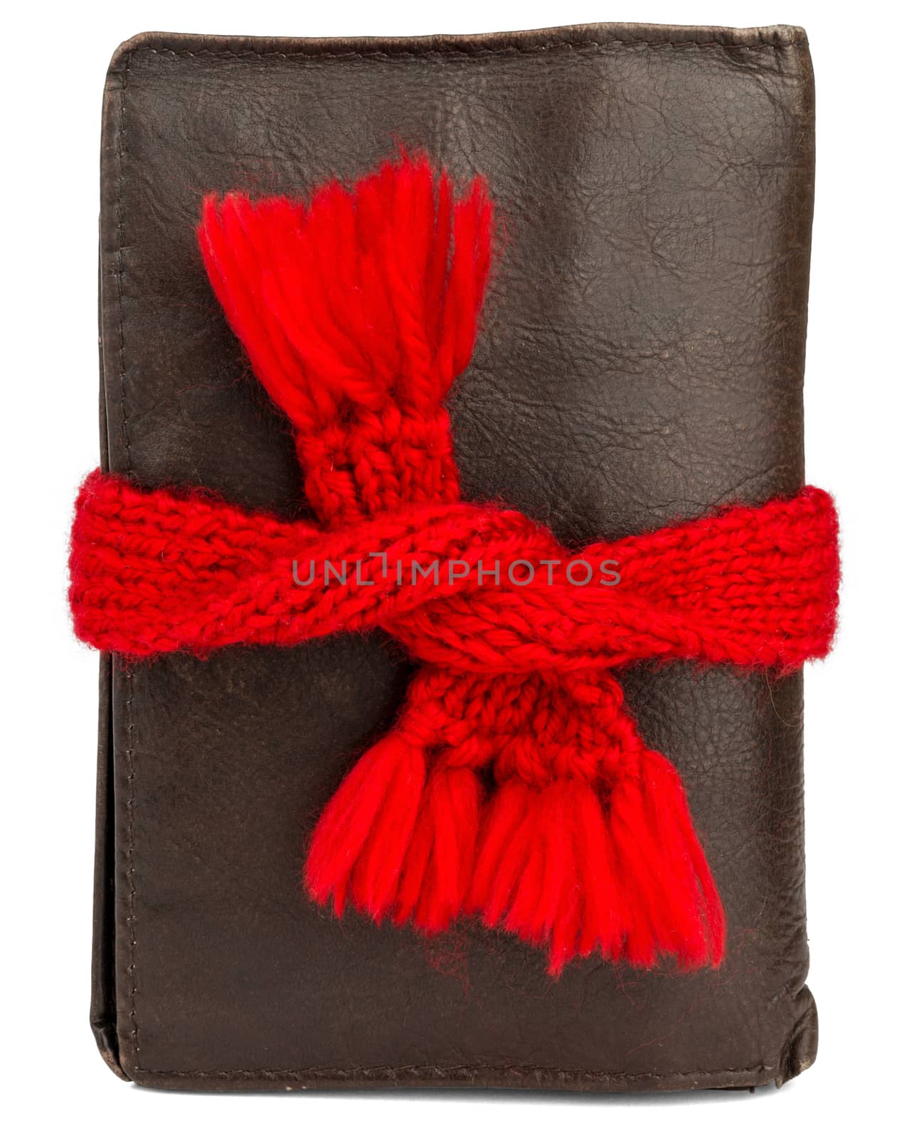 Preservation of money. Wallet wearing red scarf. Isolated on white background