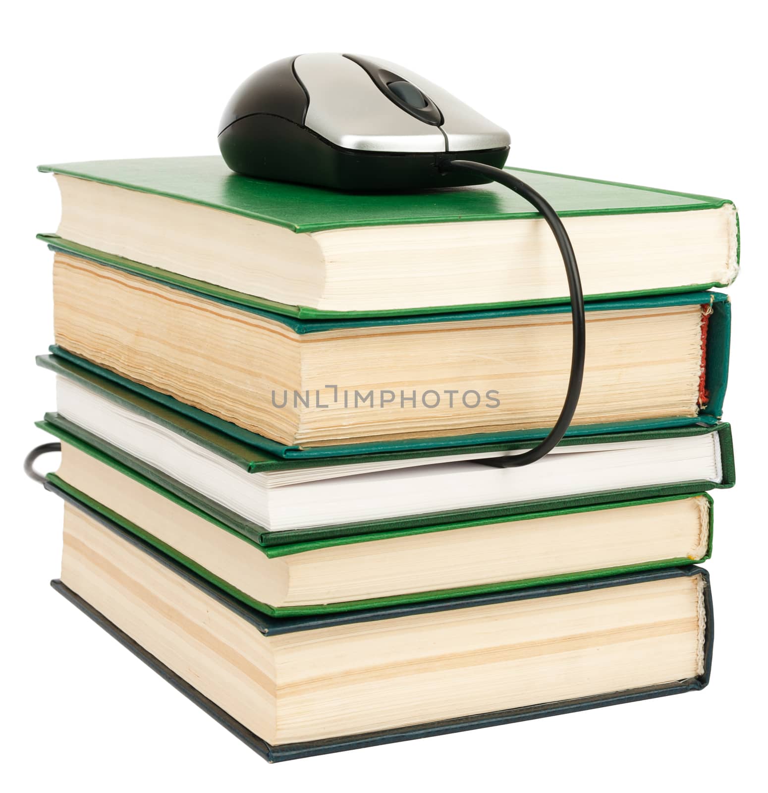 Stack books and mouse. Isolated by cherezoff