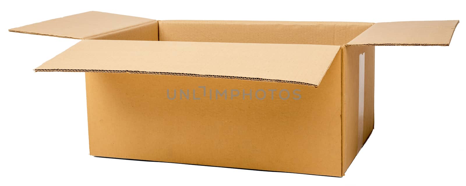 Open brown cardboard box. Front view. Isolated on white background