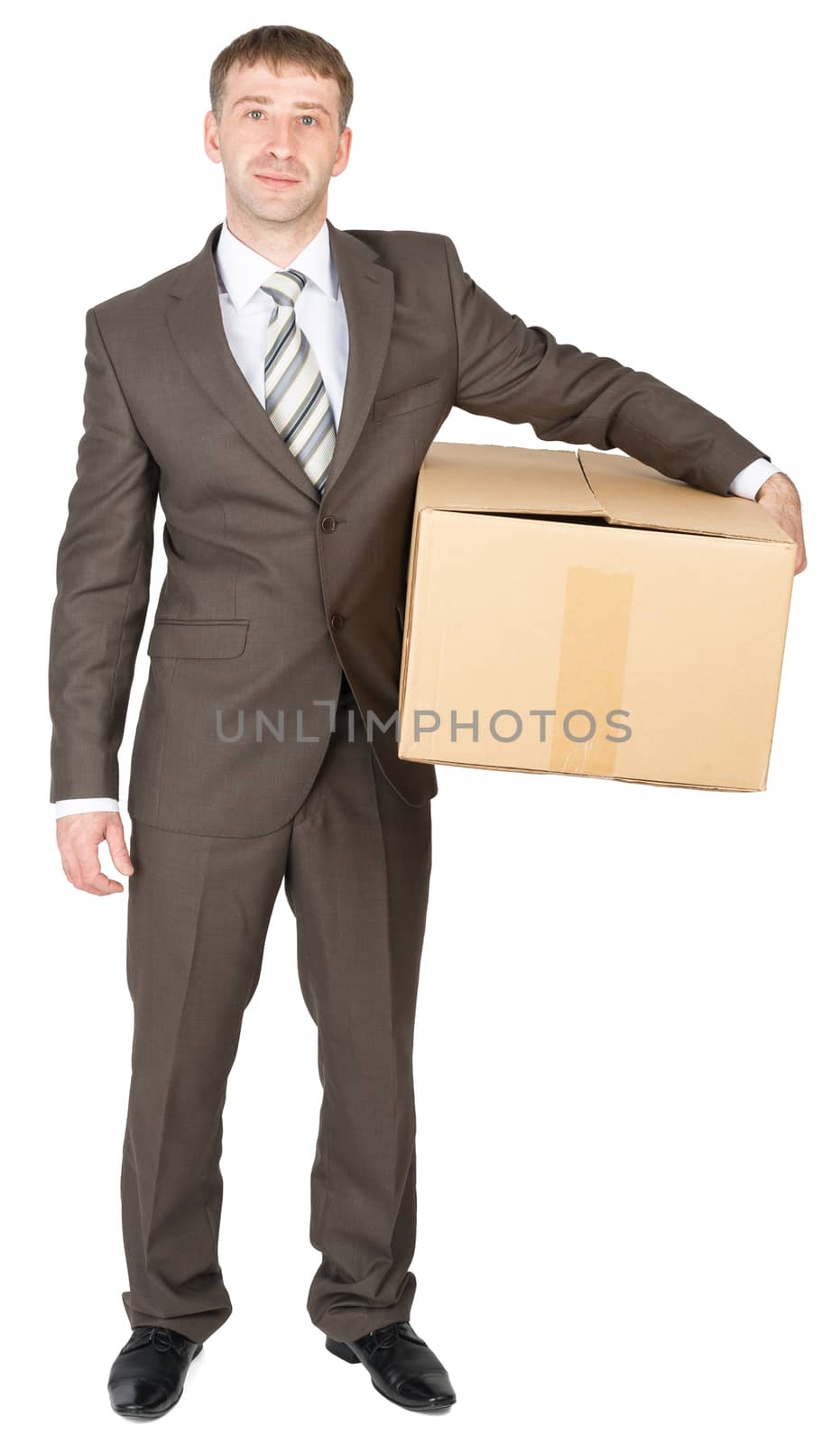 Deliveryman keeps parcel, isolated on white background