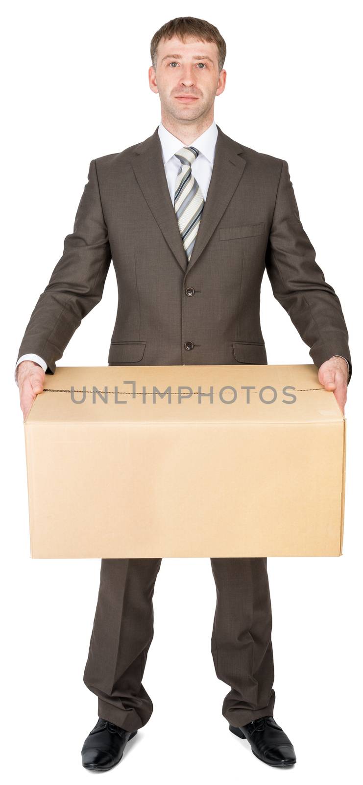Manager in suit holding cardboard box by cherezoff
