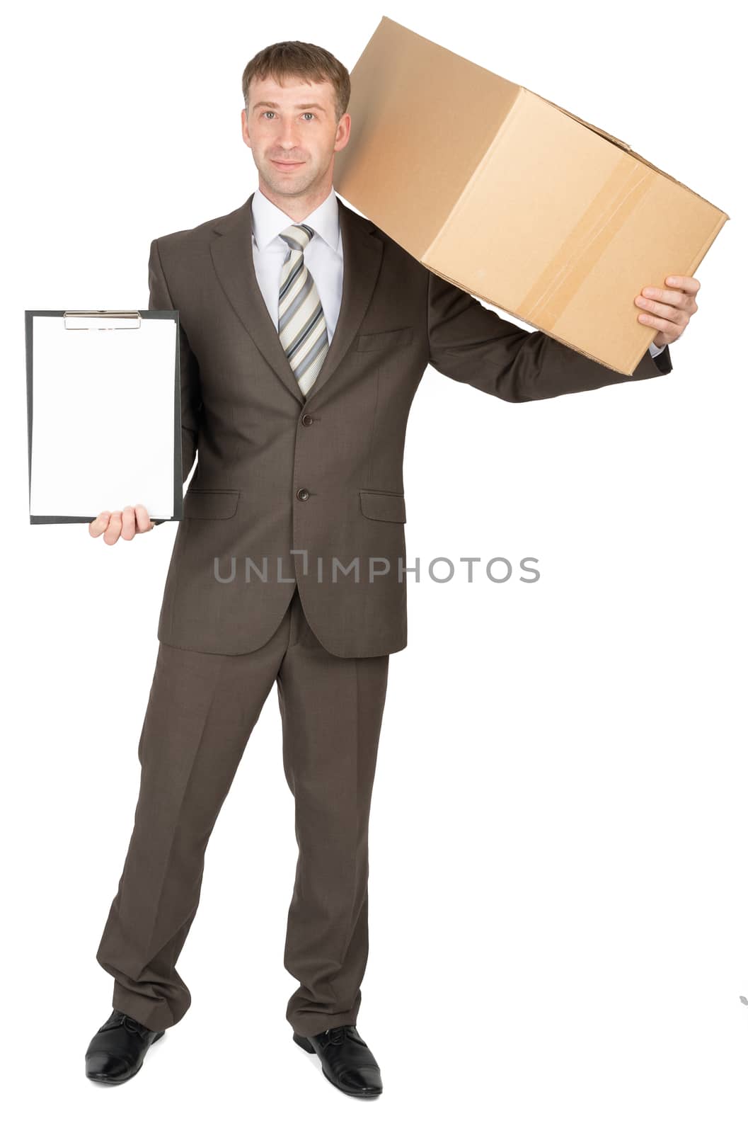 Man holding cardboard box and clipboard with paper on white background