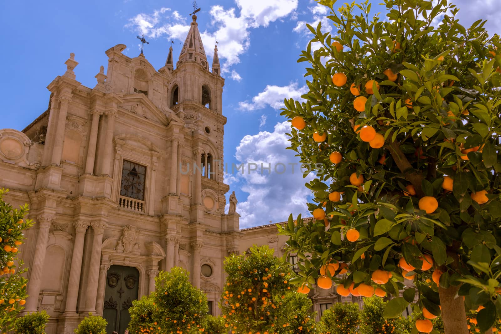 orange trees on the square of a Sicilian church