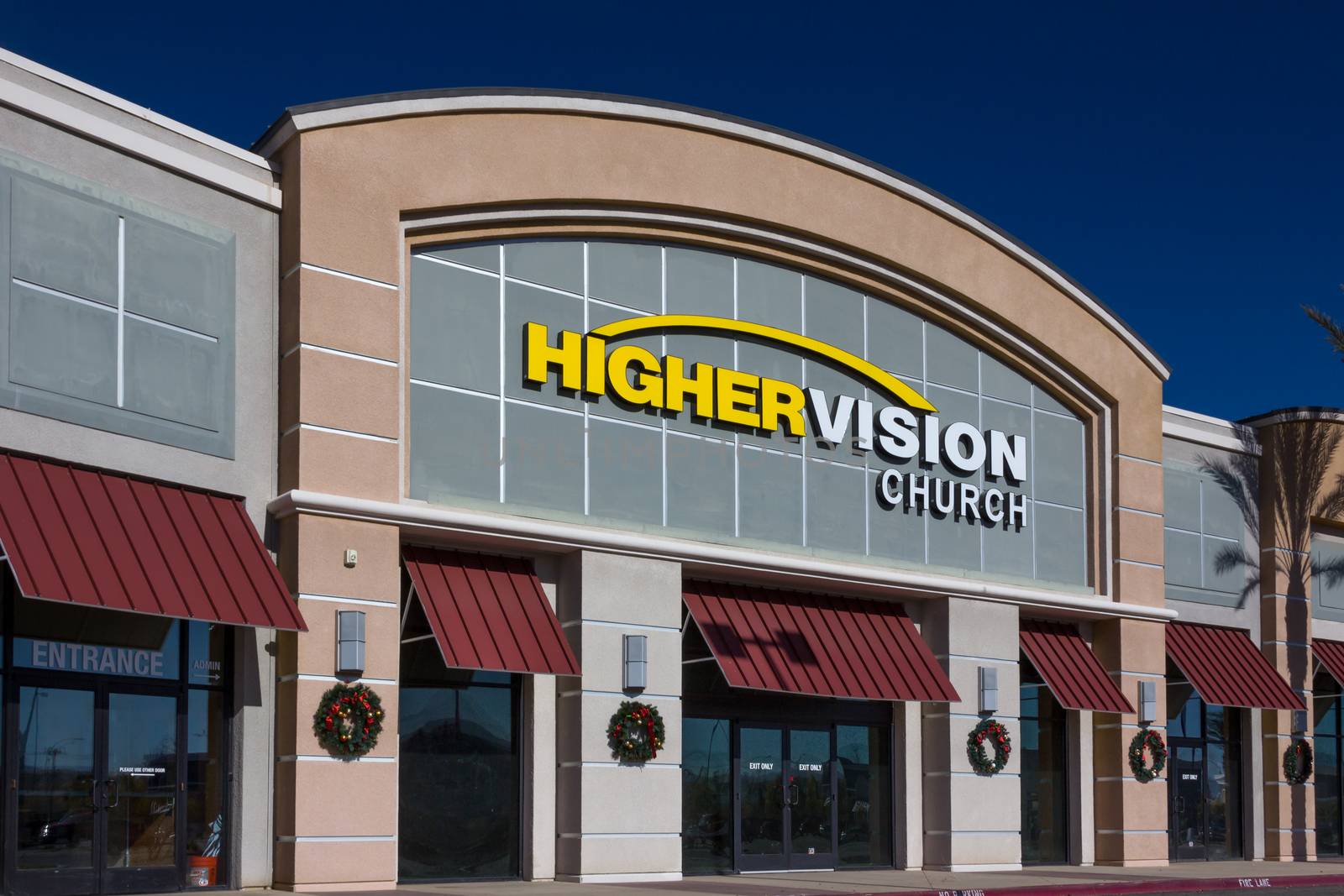 VALENCIA CA/USA - DECEMBER 26, 2015: Higher Vision exterior and logo. Higher Vision church is a non-demoninational Christian church in the United States.