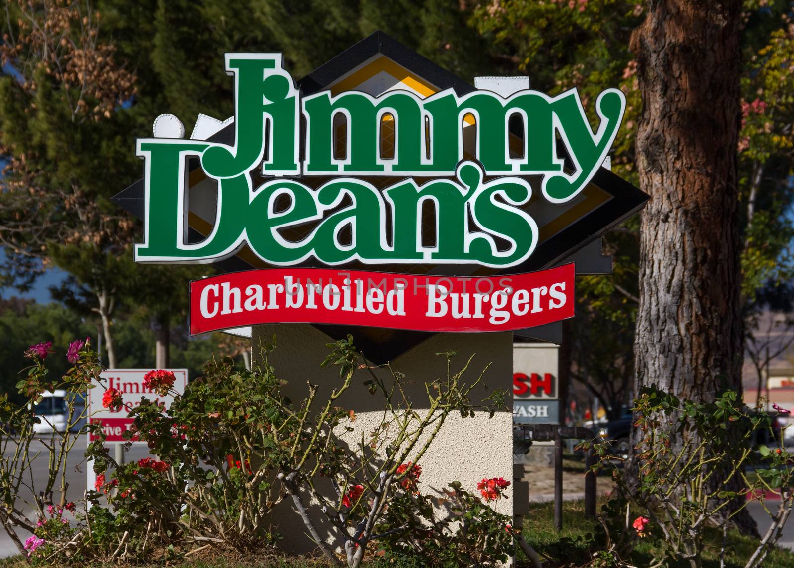 VALENCIA CA/USA - DECEMBER 26, 2015: Jimmy Dean's Charbroiled Burgers exterior and logo. Jimmy Dean's is a chain of restaurants.