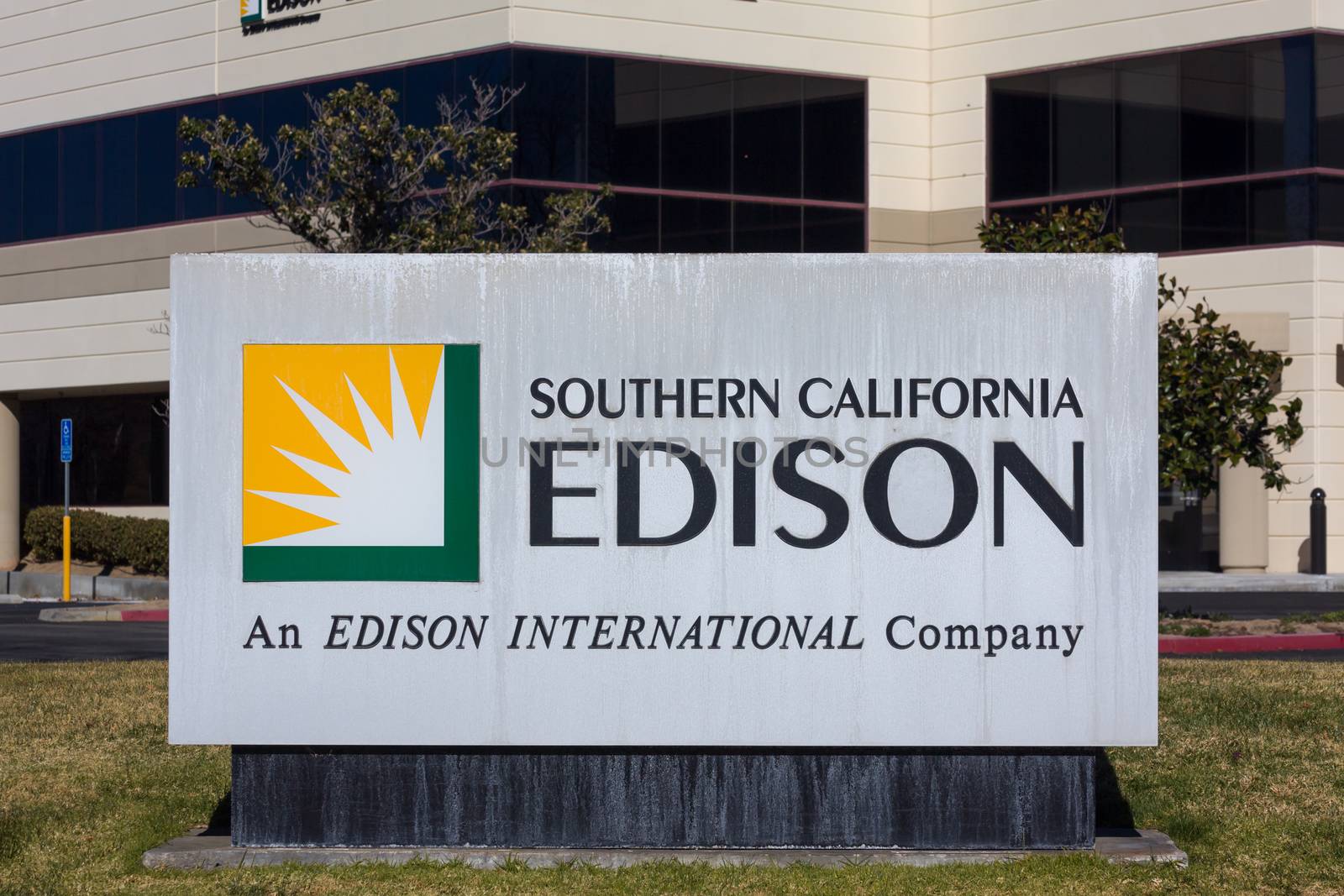 VALENCIA CA/USA - DECEMBER 26, 2015: Southern California Edison sign and logo. Southern California Edison is the primary electricity supplier for Southern California.