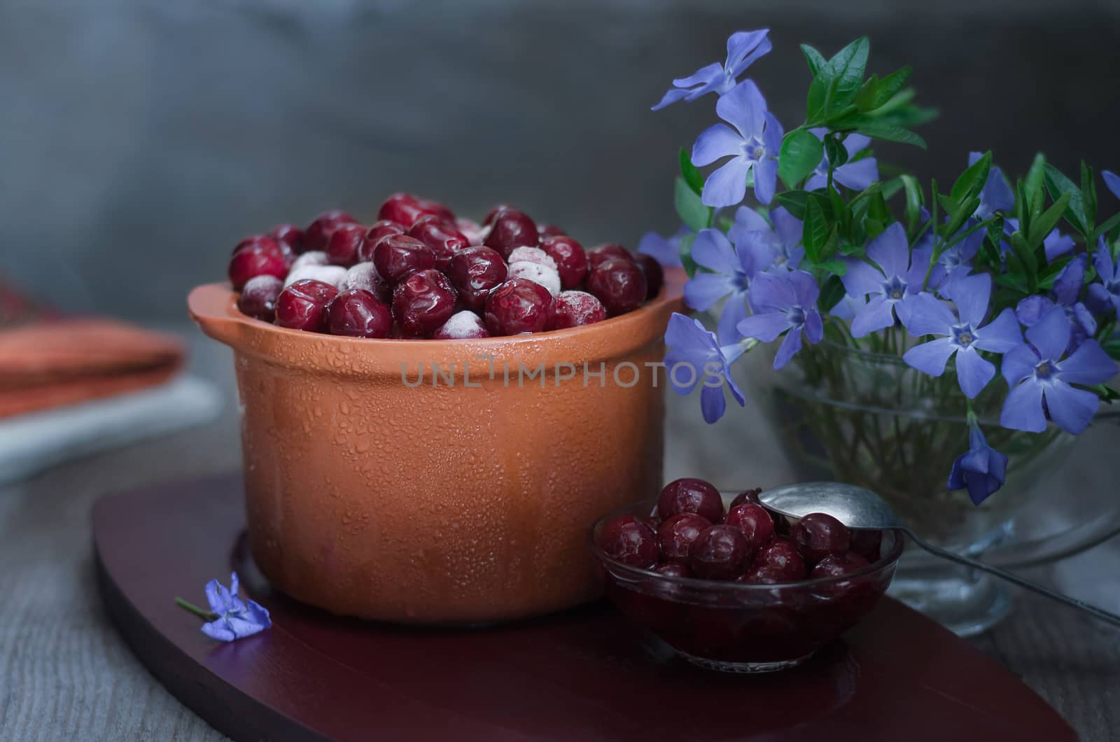 Frozen cherries in a pot, and cherry jam by Gaina