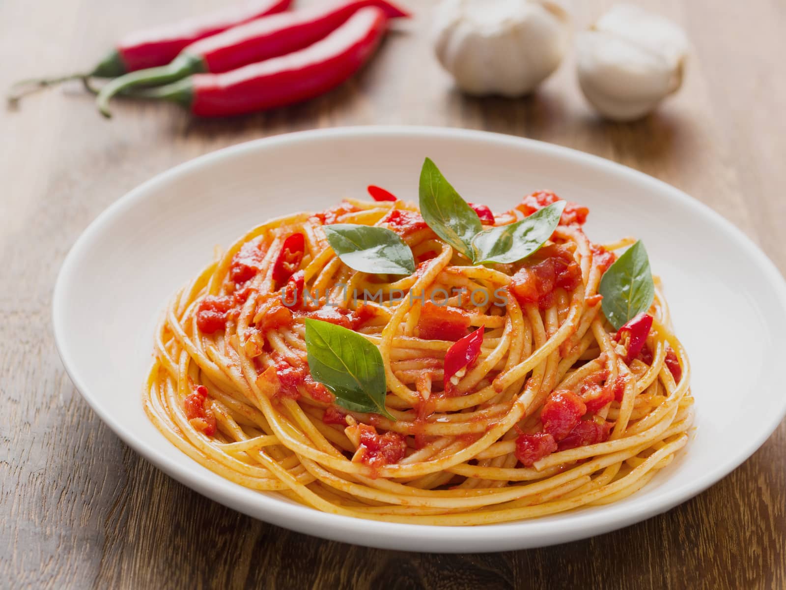 close up of rustic italian spaghetti arrabbiata pasta