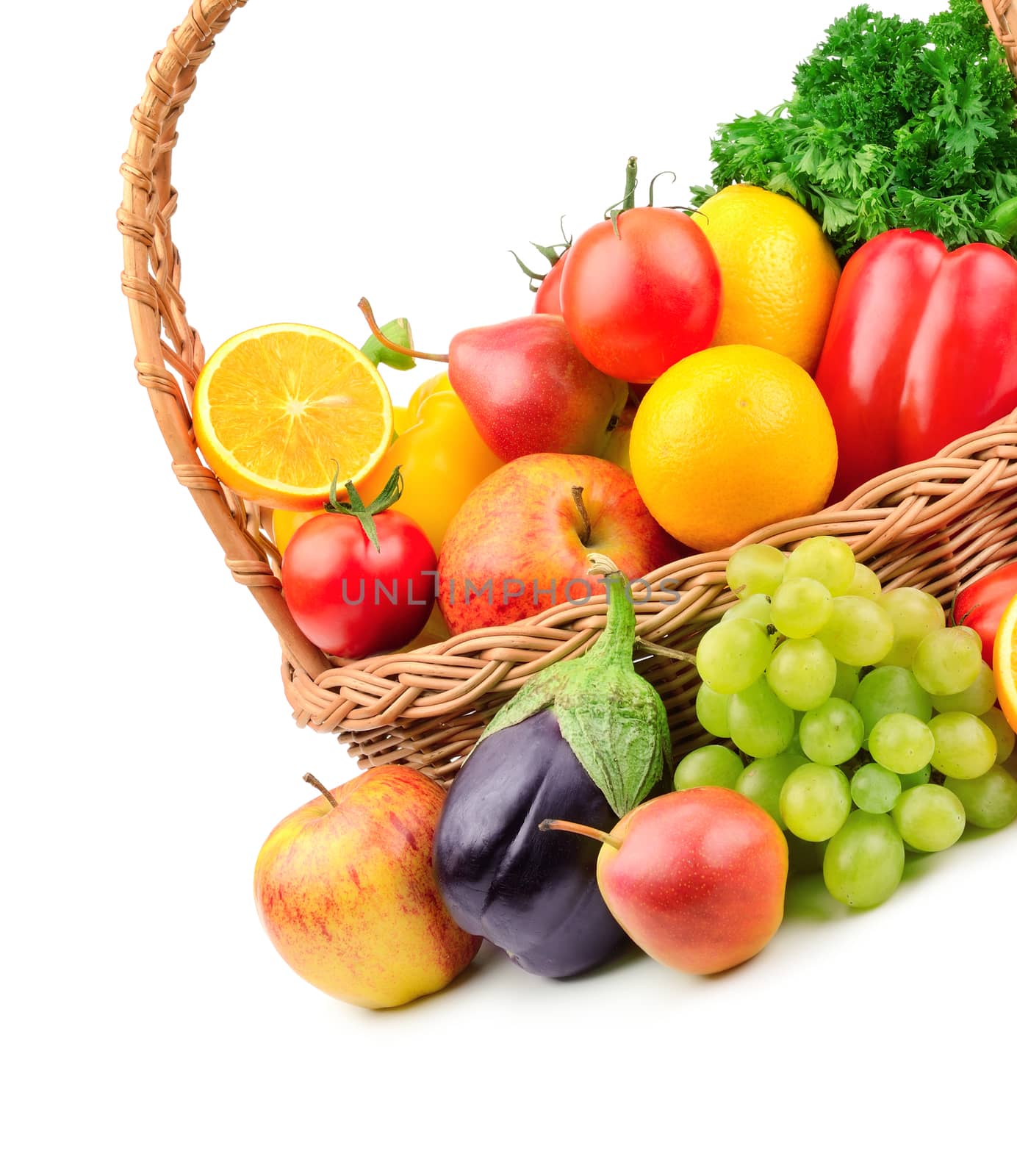 fruits and vegetables in a wicker basket