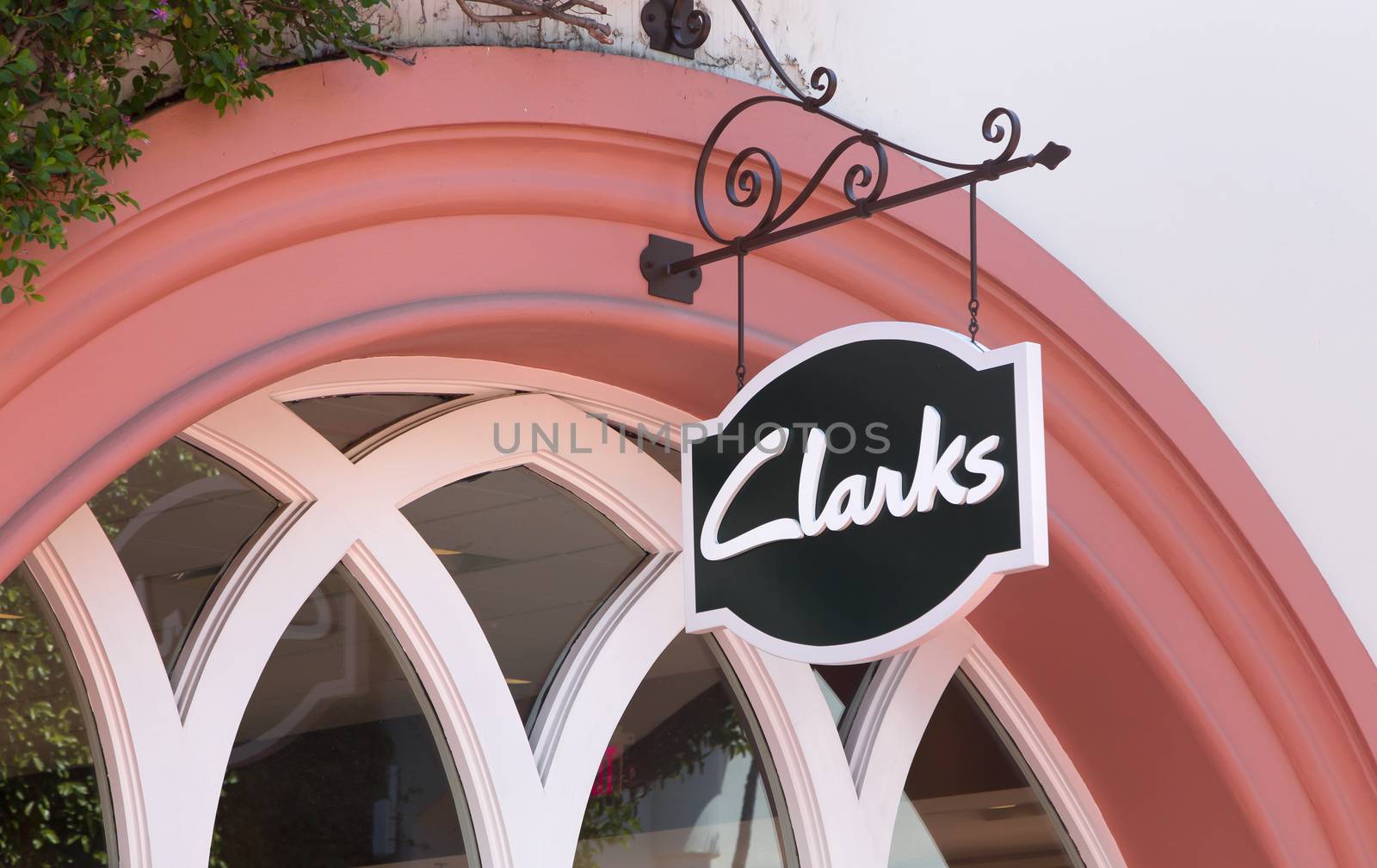SANTA BARBARA, CA/USA - APRIL 30, 2016: Clarks retail store exterior and sign. C. & J. Clark International Ltd. is a British shoe manufacturer and retailer.