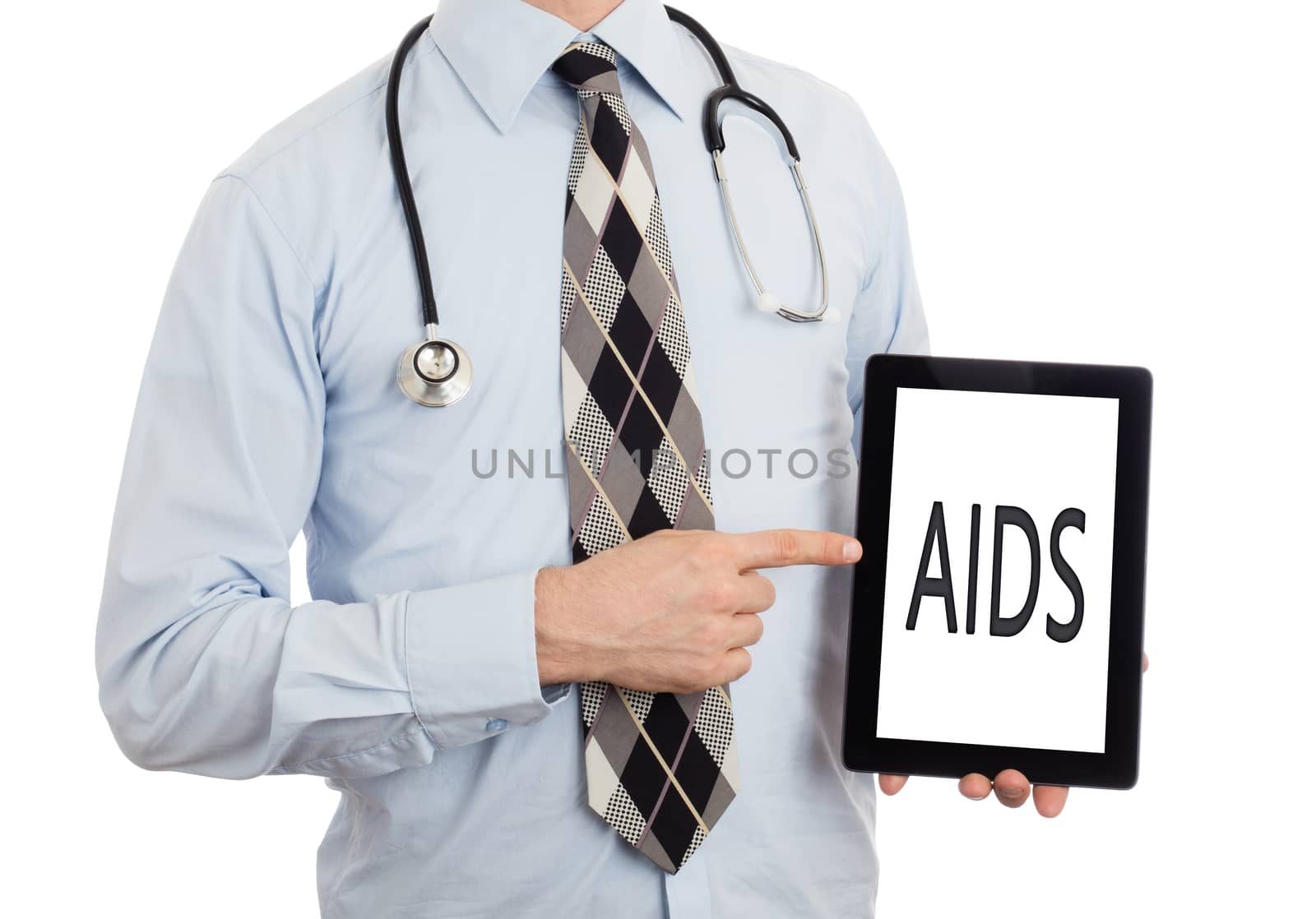 Doctor, isolated on white backgroun,  holding digital tablet - Aids