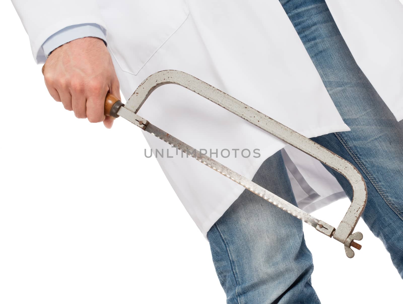 Crazy doctor is holding a big saw in his hands, isolated on white