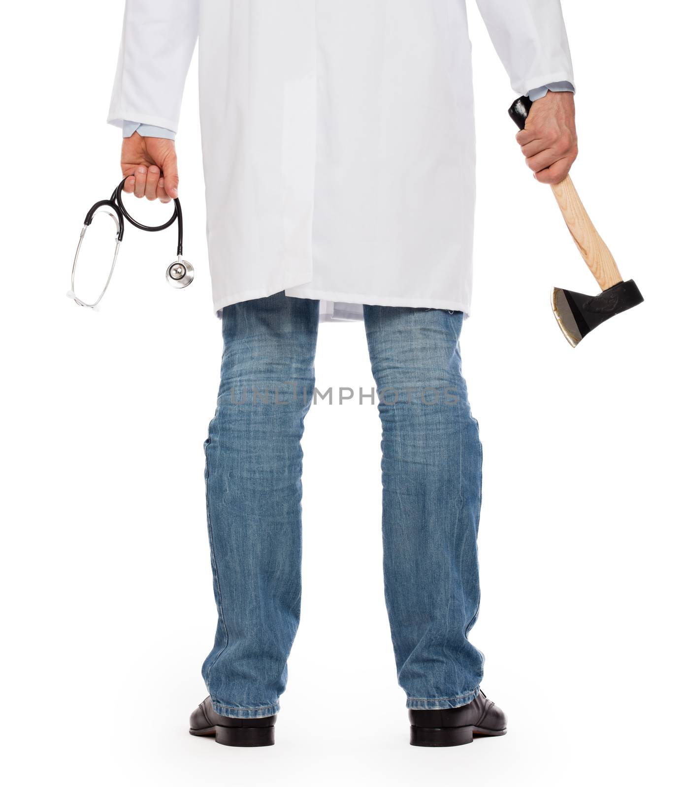 Evil medic holding a small axe and stethoscope by michaklootwijk