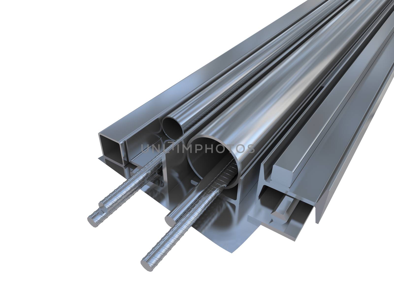 Black metal pipes, angles, channels, squares on white background. 3D rendering