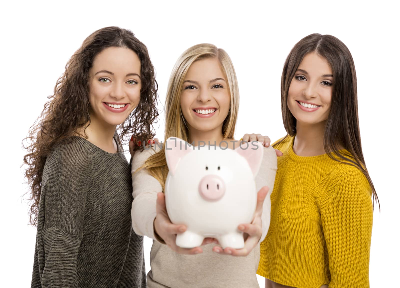 Group of friends holding a piggybank