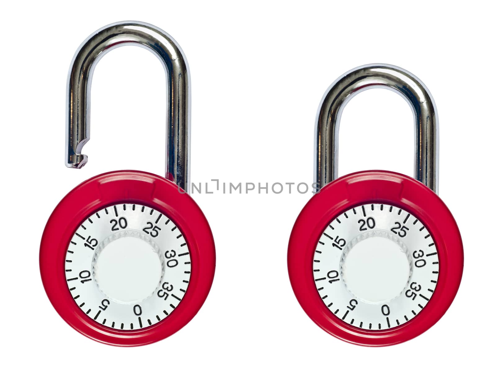 Close up of a pair of red and white combination locks..one unlocked and one locked. Isolated on white