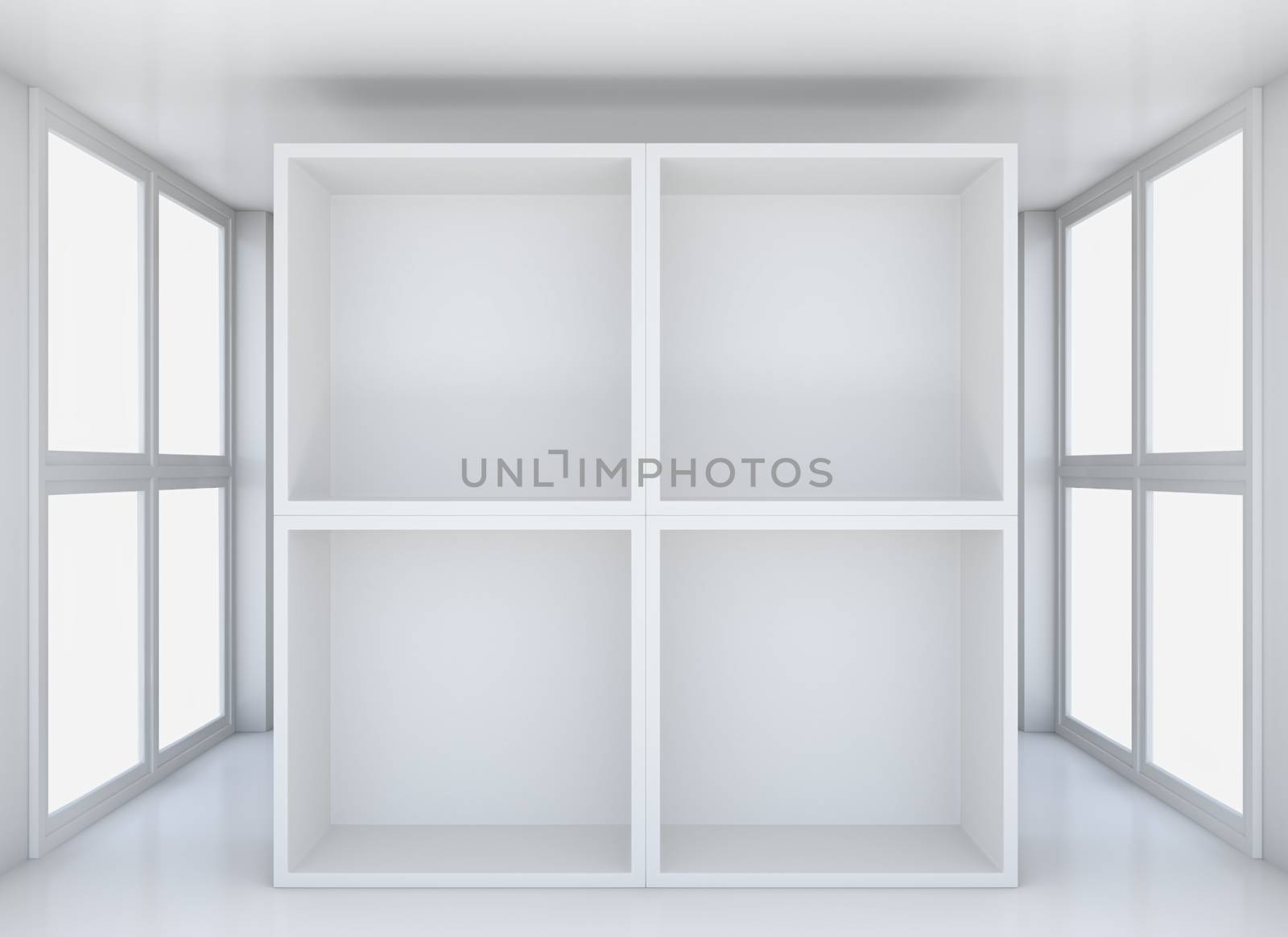 Empty exhibit showcases in blank interior showroom with large windows. 3D rendering