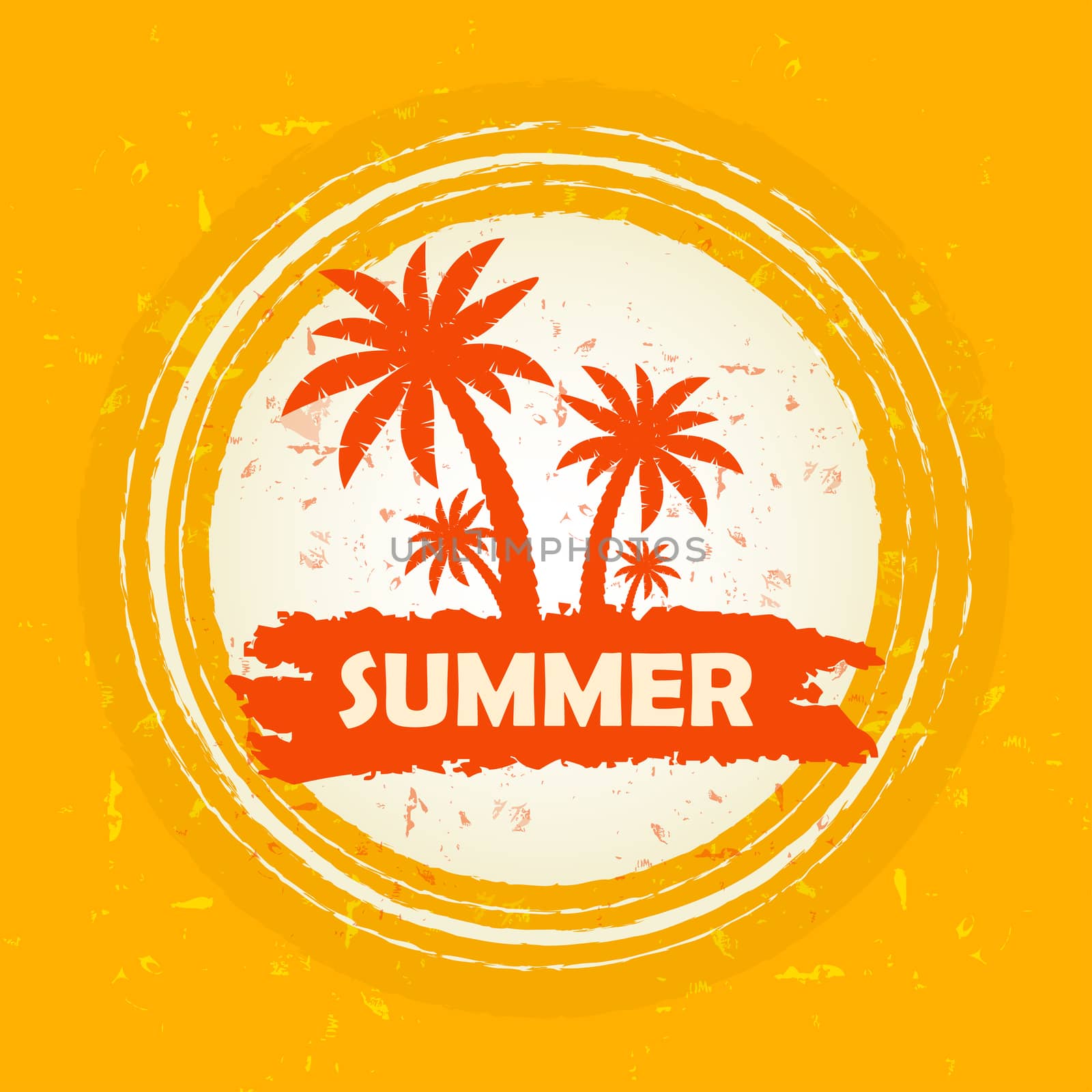 summer with palms sign, orange round drawn label by marinini