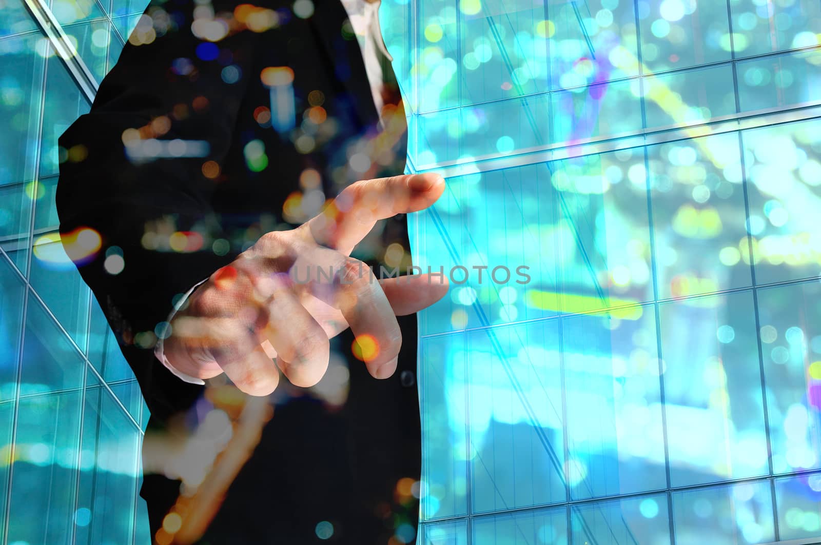 Double Exposure of Businessman with Building decorated with Glass and Bokeh reflection