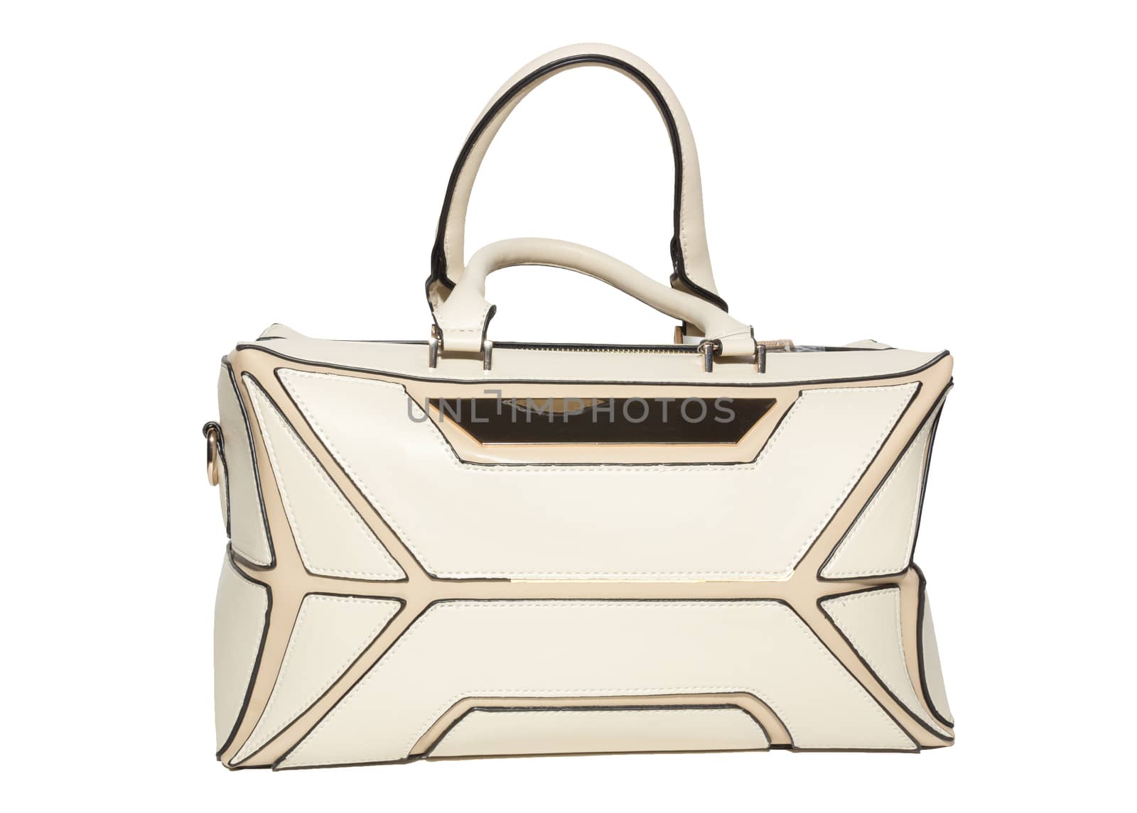 The photograph shows a female handbag on a white background