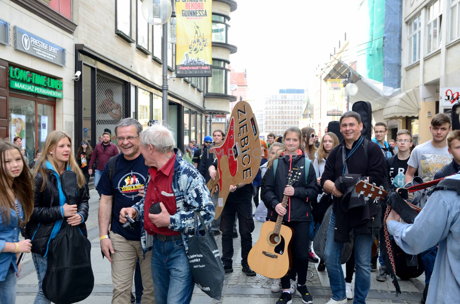 WROCLAW, POLAND - MAY 1: Unidentified guitarists coming back home with new Guitar Guiness Record after Thanks Jimi Festival on 1st May 2016 in Wroclaw, Poland.