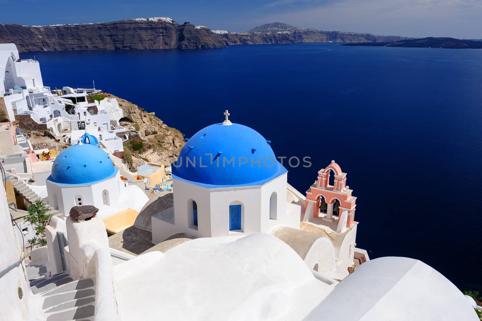 Orthodox church in Oia, Santorini Greece. Copyspace