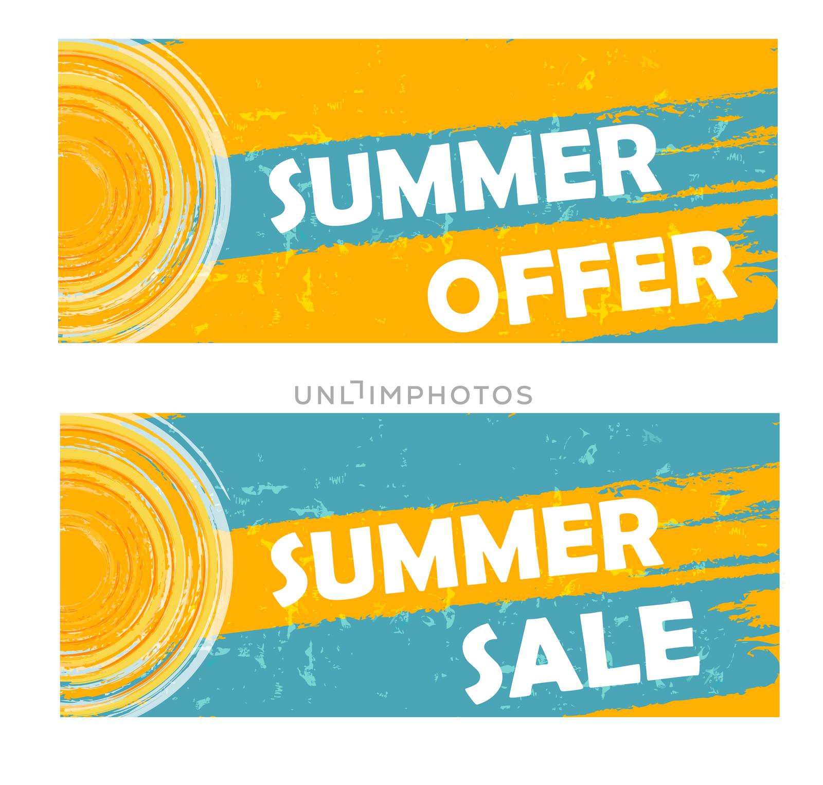 summer offer and sale with sun sign, drawn banners by marinini