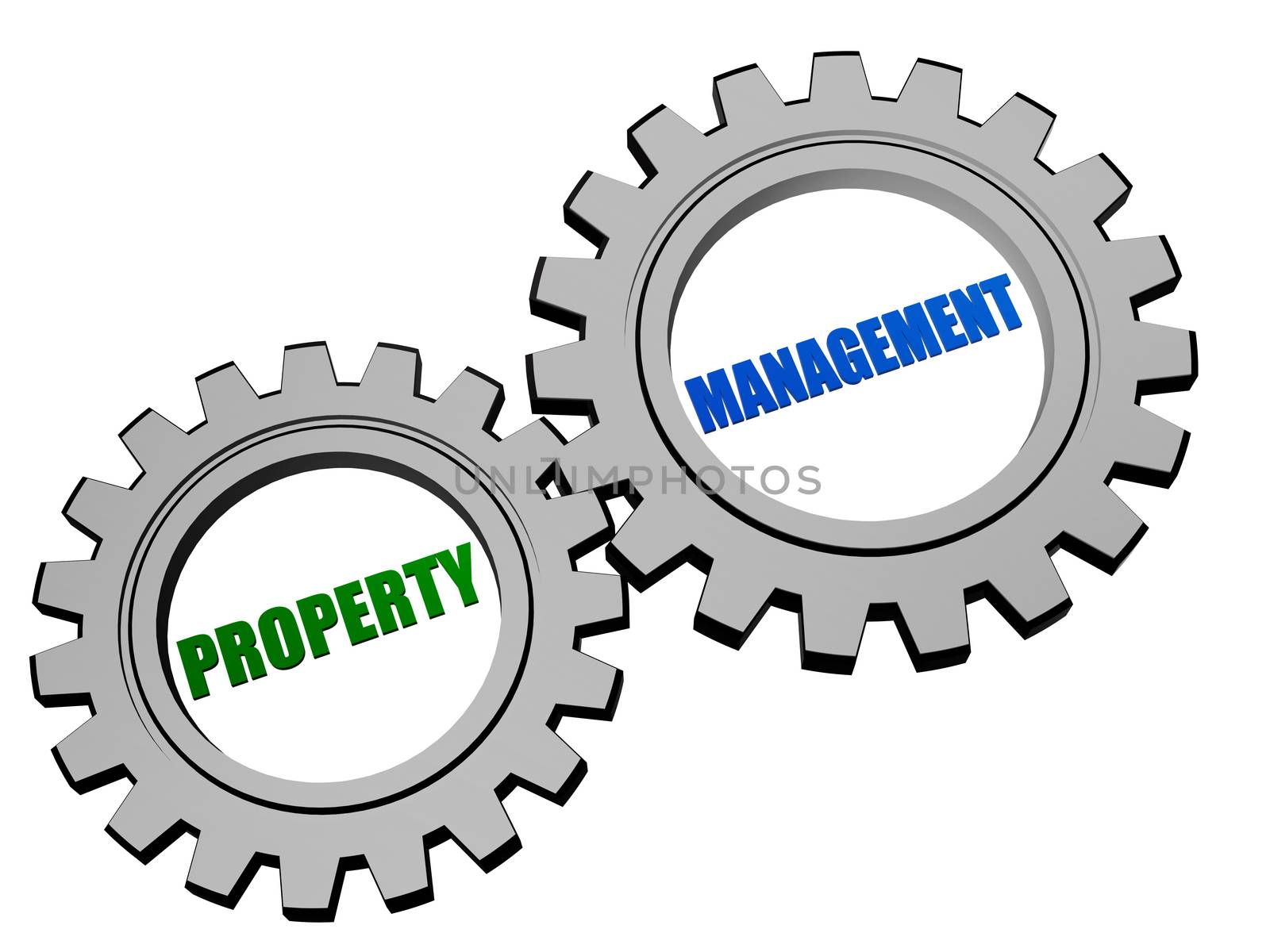 property management - text in 3d silver grey metal gear wheels, business real estate operate concept